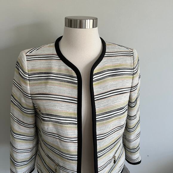 Kasper Open Blazer Jacket Zipper Detail Striped 3/4 Sleeve 4 Ivory Multi NWT - Picture 2 of 9